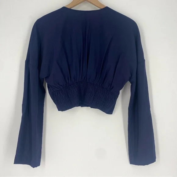 FREE PEOPLE Forever Yours Long Sleeve Button Front V-Neck Blue Cropped Top - Picture 4 of 8